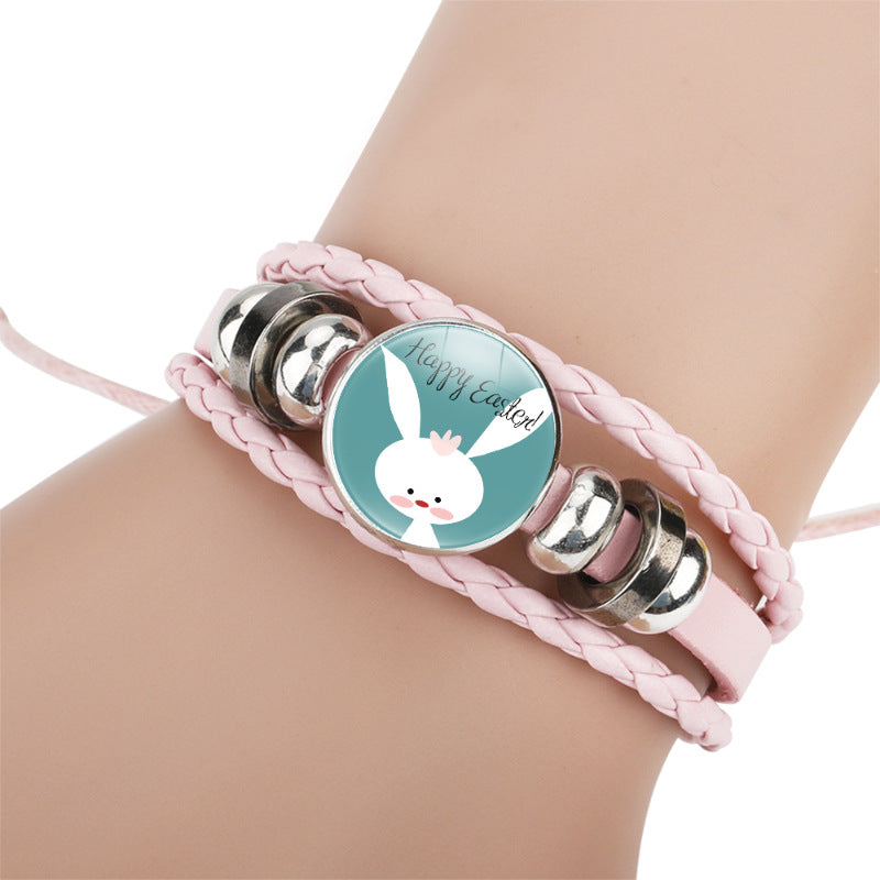 Wholesale Easter Rabbit Time Gemstone Pink Leather Multi Layer Woven Bracelet